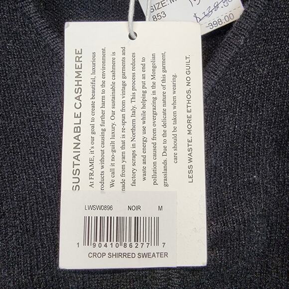 Frame Cashmere Sweater Size M Black Cropped Bell Sleeve Shirred V-neck Luxe Chic - Picture 13 of 14